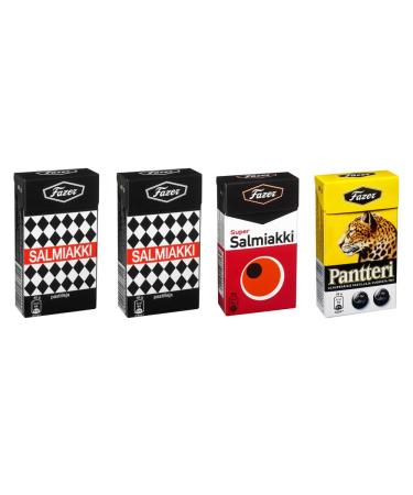 4 Boxes X 38g of Fazer Super Salmiakki Mix ((2) salmiakki - (1) super salmiakki - (1) pantteri) Original Finnish Salty Liquorice Salmiak Salmiac Pastilles Lozenges Dragees Drops Sweets Candy