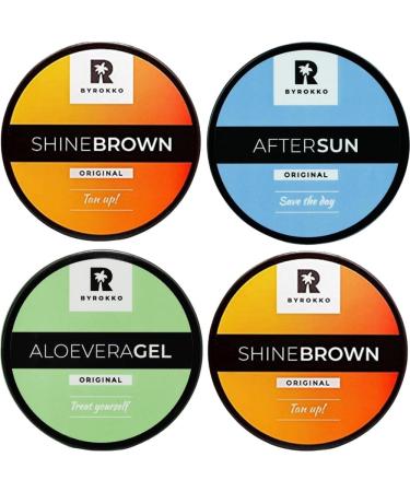 BYROKKO Shine Brown Summer Tanning SET 4IN1: 2 Units of Tanning Cream 7.11 Fl. Oz. (210 ml) + After Sun Cream 6.09 Fl. Oz. (180 ml) + Aloe Vera Gel 6.76 Fl. Oz. (200 ml)
