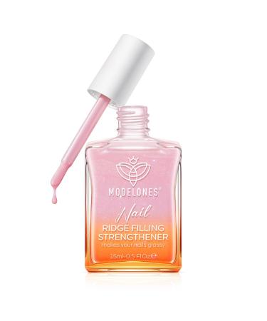 Modelones Nail Care 8 in one Ridge Filling Strengthener Treatment Nail Polish Strengthener for Damaged and Weak Nails Nail Hardener Extra Strong and Growth Smoothing Base Coat Pink Nail Varnish 15ml Glitter Pink