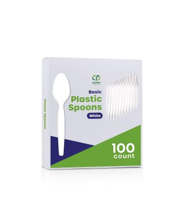 100 Pack Heavy Duty Disposable Basic Plastic Spoons - White Teaspoons