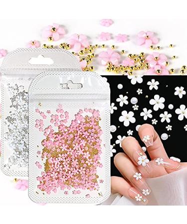 3D Flower Caviar Beads Nail Art Decals Charms for Nails, White Pink 3D Acrylic Flower Nail Charms with Pearl Golden Caviar Beads for Women DIY Manicures Salon Accessories ##-2