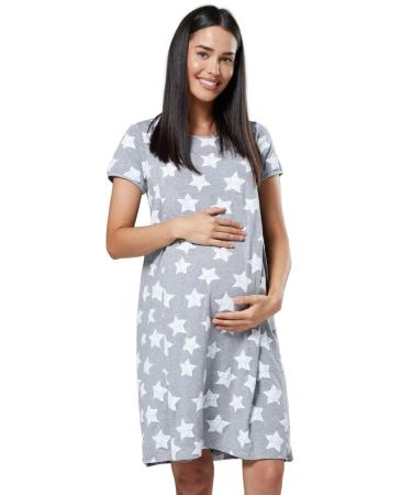 HAPPY MAMA. Women's Labor Delivery Hospital Gown Breastfeeding Maternity. 434p 8-10 Grey Melange With Stars