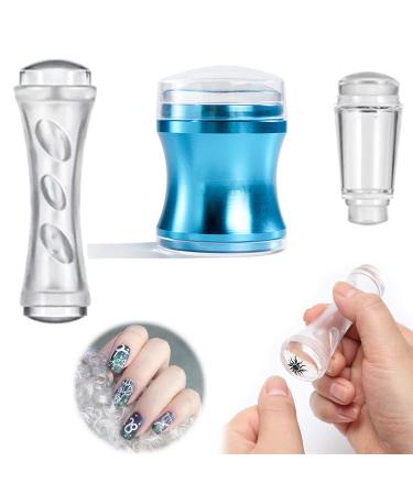 Luvadeyo 3 pieces nail art stamper double -end silicone jelly nail art stamp with 3 pieces of scratches nail stamping manicure for DIY nail art tools accessories - transparent blue