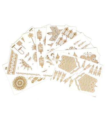 Xmasir 10 Sheets Gold Henna Tattoo Sticker - Temporary Metallic Glitter Tattoos for Women - Waterproof Indian Arabian Body Art Paint - Buy Online on SooperMarket.com