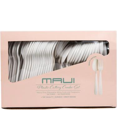MAUI Plastic Cutlery Combo Set - 100 Forks and 100 Spoons - Heavy Duty Disposable Utensils for Gathering and Parties - Super Heavyweight, Ideal for Soup and Dining - Buy Online on SooperMarket.com
