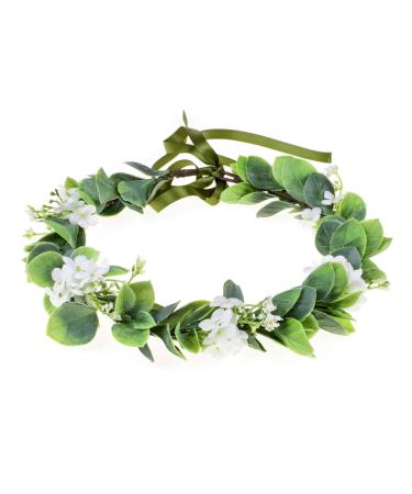 Merroyal Green Flower Crown Eucalyptus Crown Leaf Floral Crown Boho Wedding (White and Green)