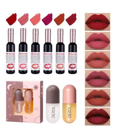 SWETIYOU Lip Plumper Set  Natural Lip Plumper and Lip Care Serum  6 Pcs Wine Lip Tint Matte Liquid Lipstick Lip Stain Set Long Lasting Waterproof Wine Lip Tint Gloss Non-stick Cup Lipstick Set