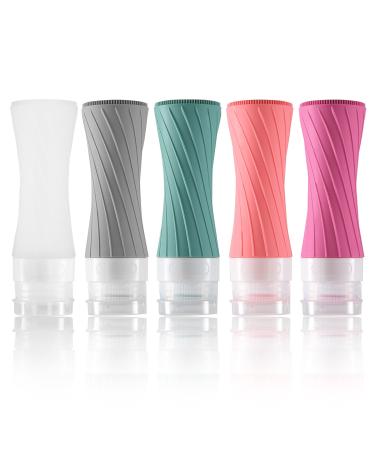 Leakproof Silicone Travel Bottles TSA Airline Carry-On Approved Refillable Portable Liquid Containers for Shampoo, Conditioner, Lotion, Toiletries (3oz, Pack of 5) Green+Gray+Pink+Purple+Clear