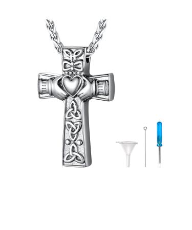 U7 Women's Cremation urn necklace for ash cycle of life/Celtic knot/dog feet/wings/crucifix/cylinder urn chain stainless steel pendant chain fire burial jewelry for men crucifix-silver not adaptable