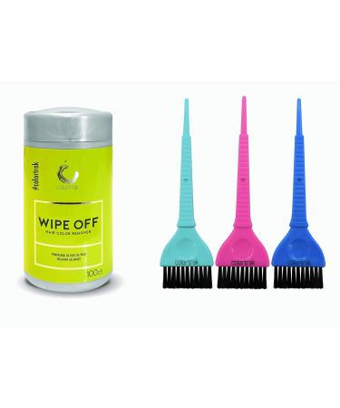Colortrak Hair Color Remover Wipes (100 Wipes) and 3 Piece Wide Hair Color Brush Set - Precise Hair Dye and Bleach Application & Moist, Non-Irritating Towelettes Formulated with Aloe
