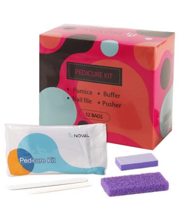 NOVAL Disposable Nail Salon Manicure Pedicure Set Kit Foot for Nail Beauty 4- Piece Including Nail File 80/100 Grit  Pumice  Buffer and Pusher 12 Kits 12 Count (Pack of 1)