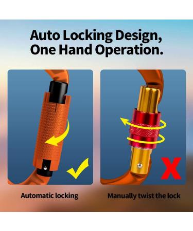UIAA Certified 25KN Auto Locking Climbing Carabiner Clips - 3 Piece Set for Hammocks & Dogs - Durable Orange Climbing Equipment - Buy Online on SooperMarket.com