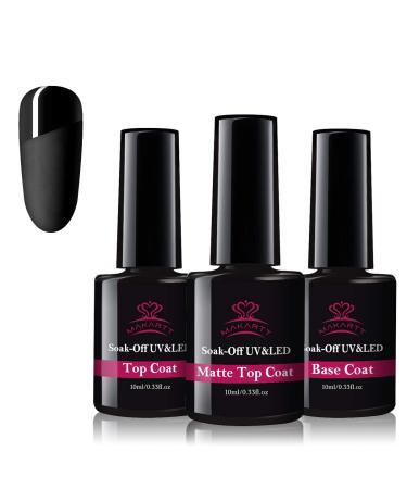 Makartt 3pcs No Wipe Matte Gel Top Coat and Base Coat Kit, Soak off UV LED Gel Base and Top Coat Gel Nail Polish Long Lasting Gloss Shiny Matte Finish Clear Nail Varnish Set