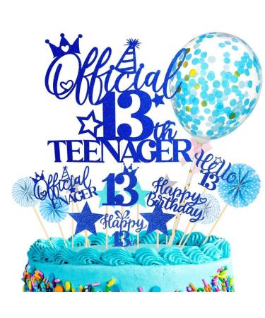 17 Pcs Official 13th Teenager Cake Toppers Giltter Blue Number 13 Pick Cake Decoration Official Teenager Cake Topper with Ballon Cheers to 13 Fabulous Birthday Decoration for 13th Birthday Party