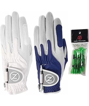 Zero Friction Ladies Compression-Fit Synthetic Golf Glove 2 Pack Includes free tee pack Universal-Fit - White-Blue