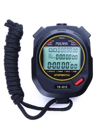 Pulivia Stopwatch Sports Timer 10 Laps/Splits Digital Stopwatch with Recall Countdown Timer Clock Alarm Calendar Large Display Stopwatch for Coaches Swimming Sport Training 10-LAP-Black