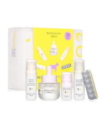 Beekman 1802 Goat Milk Skincare 6-Piece Starter Set - Includes Jelly Cleanser (0.5 fl oz) Milk Drops (0.5 fl oz) Dewy Eyed Serum (0.16 fl oz) Bloom Cream (0.5 fl oz) Travel Bag & Hair Clip