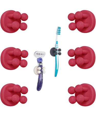 Tecbull Funny Hooks toothbrush holder razor holder shower razor bracket without drilling toothbrush bracket Self -adhesive clamping holder for toothbrushes (6xrot+6x replacement adhesive pad) TB -exclusive - 6x raspberry -red
