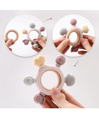 Bopoobo Silicone Rudder Teether Toy with Wooden Ring for Babies | Soothing Teething Toy for 3-12 Months | Montessori Baby Chew Toy (Pink) - Buy Online on SooperMarket.com