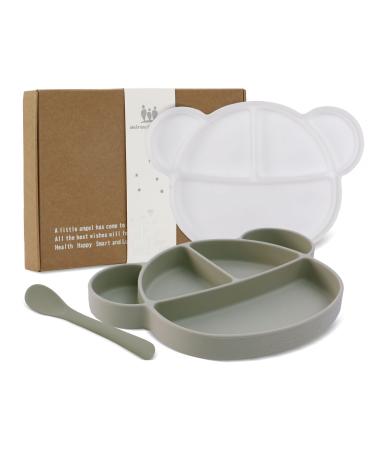 Silicone Baby Suction Plate Toddler Self Feeding Plates Children's Plate with Lid and Spoon Kid Divided Weaning Plate Dinnerware Set with Gift Box BPA Free & Dishwasher Safe Light Green