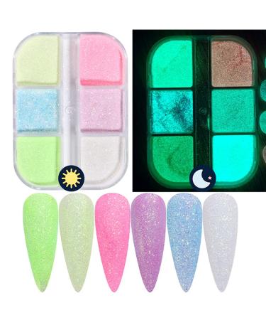 6 Colors Holographic Luminous Nail Powder Glitter Kit - 3D Sparkly Fluorescent Pigments for Acrylic Nails - Mermaid Shinning Glitters for Manicure Tips and Decorations - Buy Online on SooperMarket.com