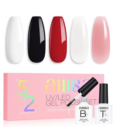 AILLSA Nude Gel Nail Polish Set Jelly Pink Milky White Black Red Gel Polish with Base and Top Coat Classic Popular Color All Season Soak Off U V L ED Manicure Art Salon DIY at Home 7Pcs 8ML Black White
