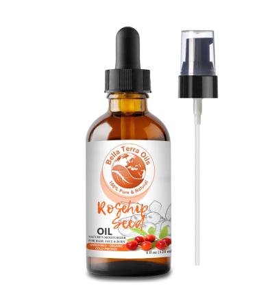 Bella Terra Oils Rosehip Seed Oil. 4oz. 100% Pure. Cold-pressed. Unrefined. Organic. Chemical-free. Rich in Vitamin C. Great for Mature Skin. Natural Moisturizer for Hair  Skin  Nails  Stretch Marks 4 Ounce