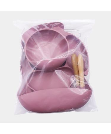 Hoseay Baby Weaning Set 5 in 1 | Silicone Suction Plate, Bowl, Spoon, Fork, Bibs | Pink Squirrel Design | Toddler Feeding Essentials - Buy Online on SooperMarket.com