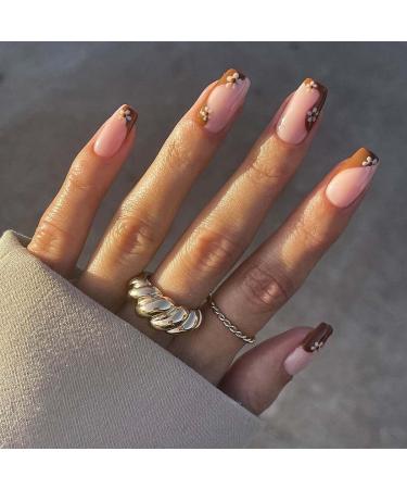 Sethexy French Short Square False Nails Collection Fashion Press on Nails Glossy Fake Nails 24Pcs Acrylic Stick on Nail Tips Autumnal Brown