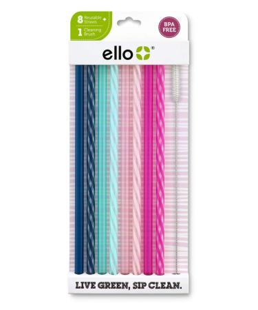 Ello Impact BPA-Free Plastic Reusable Straws with Cleaning Brush, 8 Piece Multi-Pack, Rosewater