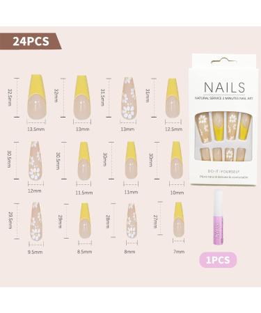 Luvadeyo 24 PCs Yellow White Flower Press-On Nails | Long Summer Ballerina Fake Nails with Glue for Women - Buy Online on SooperMarket.com