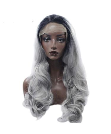 BGHJUE Silver Grey Black Hair Root Lace Front Wig Long Wave 22 Synthetic Wigs For Women (Color : Silver grey)-Silver_grey