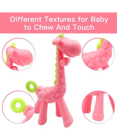 Soothing Giraffe Silicone Baby Teether Toy - Easy to Hold & Clean, Pain Relief for Infant Sore Gums (Pink) - 3 Months - Buy Online on SooperMarket.com