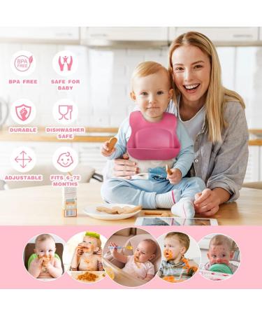 Vicloon 2PCS Silicone Baby Bib Set | Waterproof Baby Feeding Bibs with Fork Spoon | Adjustable & Easy to Clean | Unisex Toddler Bibs (Pink-Yellow) - Buy Online on SooperMarket.com