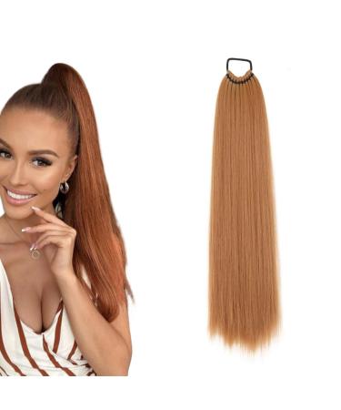 prinfantasy Hair Extensions Human Hair 24 Inch Honey Orange Blonde Ponytail Extension Long Yaki Straight Drawstring Extension Srunchies Hairpiece Extensions for Women GBMW282 MW282 24 inch