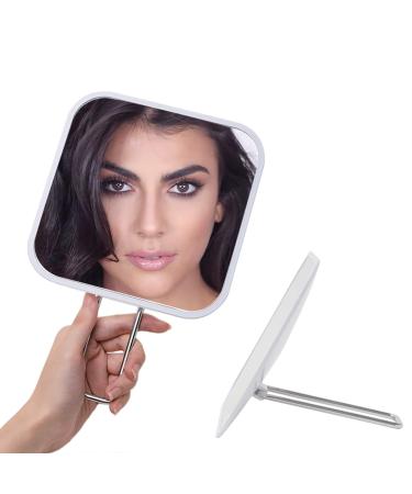 YEAKE Hand Mirror with Handheld Metal Stand, Table Desk Makeup Mirror Portable Travel for Multi-Hanging Wall Mirror On Bathroom Shower Shaving(Square) 9.4"L x 5.9"W (Square) White & Metal(large Handheld Makeup Mirror)