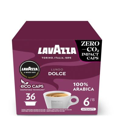 Lavazza A Modo Mio Lungo Dolce Coffee Capsules 100% Arabica Sweet and Smooth Taste Intensity 6/13 Medium Roasting Perfect for a 40ml Espresso Compostable 36 Espresso Pods Lungo Dolce 36 Count (Pack of 1)