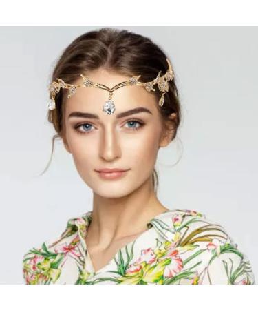 Rhinestone Leaf Headband Golden Wedding Head Chain with Teardrop Crystal Leaf Hair Vine - Buy Online on SooperMarket.com