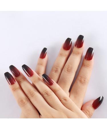SIUSIO 24Pcs Medium Coffin Nails Ombre Full Cover Press on UV Covered Pure Color Ballet Acrylic Fake Nail Middle Ballerina False Gel Nails Art Tips for Women and Girls Red wine