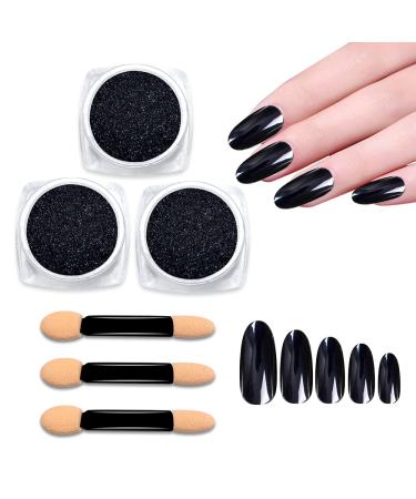 NOVAL Chrome Powder for Nails 3 Boxes Black Chrome Nail Powder Aurora Mica Powder Pigment Set, Pearlescent Shimmery Nail Powder with 3PCS Sponge Sticks for DIY Nail Art Decoration Nail Salon (Black).