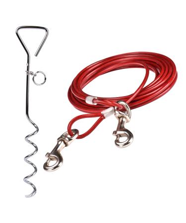 16ft(5M) Dog Tie Out Cable with 18" Spiral Ground Stake Spike - Out for Outdoor Yard and Camping - Small to Medium Dogs (Red 16ft(5M) cable 18" stake) 5M Red