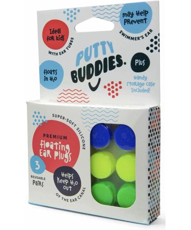 PUTTY BUDDIES Floating Earplugs 3-Pair Pack - Soft Silicone Ear Plugs for Swimming & Bathing - Doctor Recommended and Premium Quality - Keep Water Out - Green/Yellow/Blue - Buy Online on SooperMarket.com