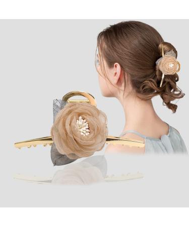 Fuyunohi 2 Pack Large Flower Claw Metal Barrettes | White+Champagne Mesh Rose Hair Clips for Women | Stylish Hair Accessories for Thick Hair - Buy Online on SooperMarket.com