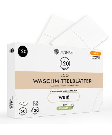 Cosmeau detergent leaves for white laundry - fresh spring - up to 120 washes (60 leaves) - Sustainable detergent leaves - plastic -free & perfect as travel detergent white - fresh spring (120 pack)