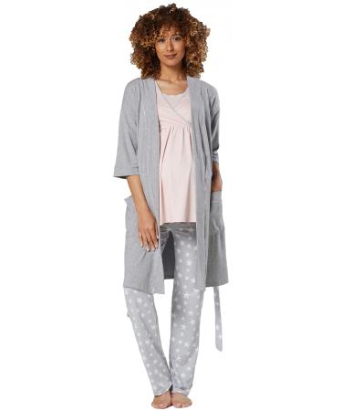 HAPPY MAMA Women's Maternity Nursing 3pcs Nightwear Set: Pants - Top - Robe 558p 16 Powder Pink & Grey Melange With Stars