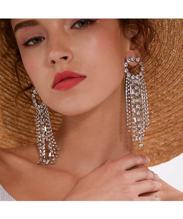 Missgrace Dainty Rhinestones Simple Tassel Long Earrings Set Earrings Layered Dangle Hoop Stud Silver Statement Earrings for Women and Girls (Pattern 5)