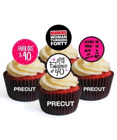 24 PRECUT 40th Birthday Edible Cupcake Toppers - 40 & Fabulous Premium Thickness SWEETENED VANILLA - wafer card disc cake decorations