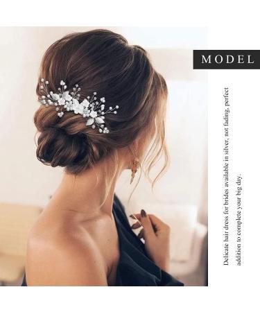 Handsess Bridal Wedding Flowers Hair Comb Silver Rhinestone Hairpieces Leaf Bridal Side Combs Pearl Wedding Hair Accessories for Women and Girls - Buy Online on SooperMarket.com