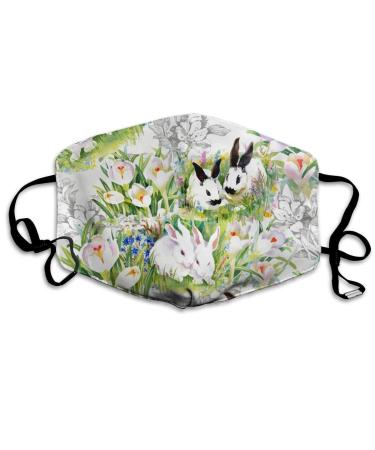 Watercolor Rabbits Flowers Washable Reusable Mask Cotton Anti Dust Half Face Mouth Mask For Kids Teens Men Women With Adjustable Ear Loops