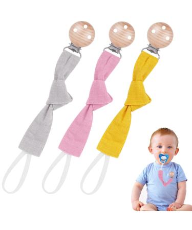 Vicloon Baby Dummy Clips 3 Pcs Dummy Clip Boys Girls Wooden Dummy Clips for Baby Soother Pacifier Chain Holder Clips BPA Free Baby Dummy Chain for Teether Toy or Soothie pink/gray/yellow
